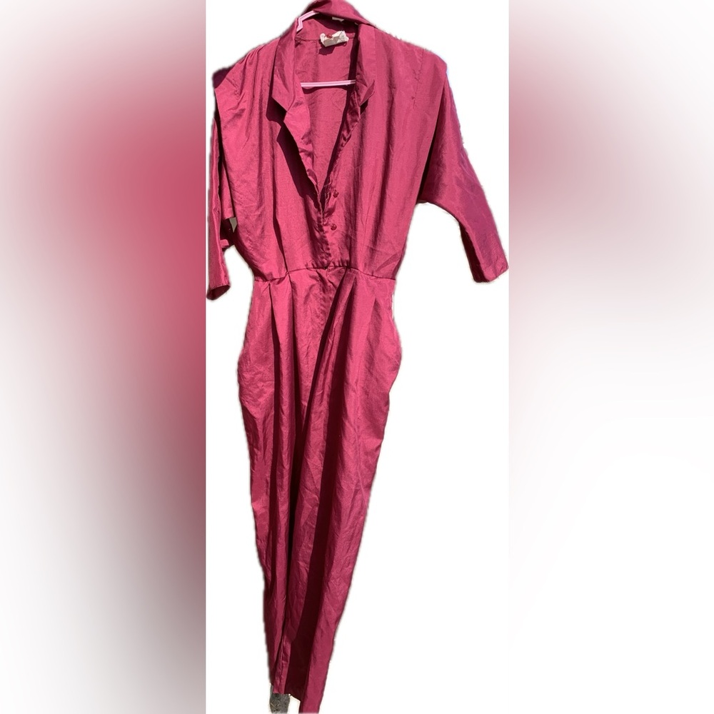 Vintage Spring summer Belted berry pink satin jumpsuit